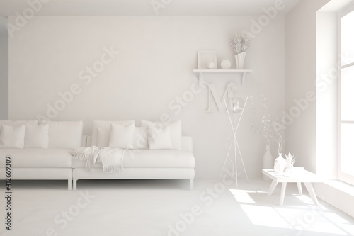 White minimalist living room with sofa. Scandinavian interior design. 3D illustration