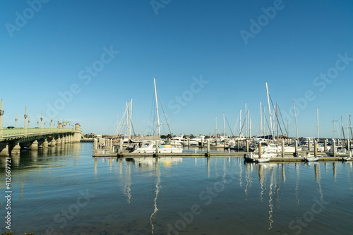 Matanzas river with boats on the water. beautiful blue sky. San Agustin, Florida, United States.  photo