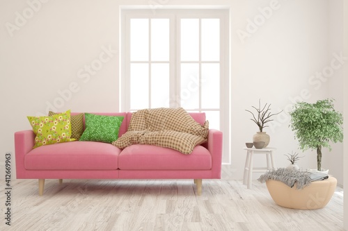 White living room with sofa. Scandinavian interior design. 3D illustration