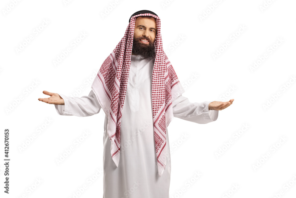 Saudi arab man welcoming with hands Saudi arab man welcoming with hands