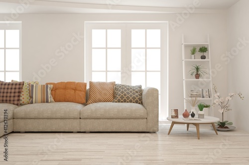 White living room with sofa. Scandinavian interior design. 3D illustration