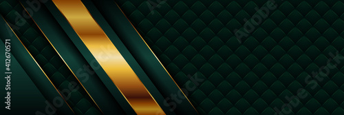 Abstract polygonal modern luxury green and gold design background . Metallic glowing golden lines with dark combine overlap layer textured for presentation banner cover web flyer card poster wallpaper