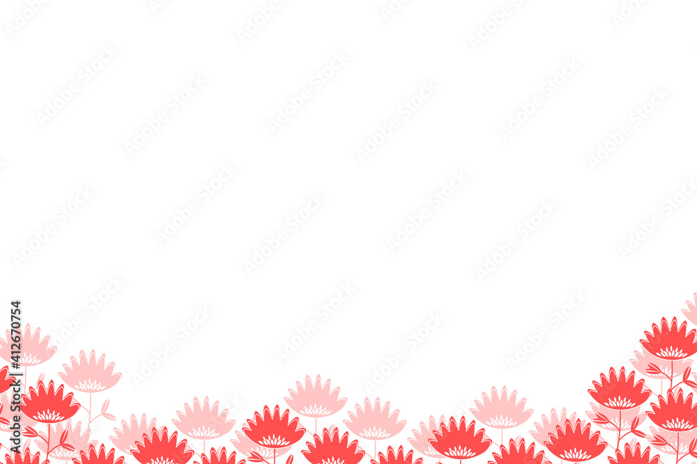 Floral frame based on traditional folk art ornaments on white background. Ornate border with pink flowers. Vector stock illustration for wallpaper, posters, card. Scandinavian style. Copy space.