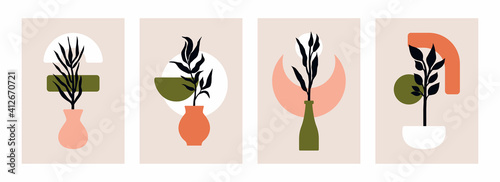 Abstract botanical poster. Contemporary minimal art background set with vase tropical leaves for wall decor. Vector art