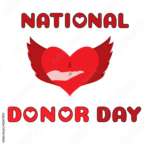 National Donor Day. Red heart with wings and hand. Vector illustration for donor day in February. National blood donor month concept poster design