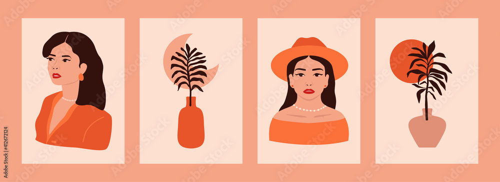 Abstract minimal female posters. Woman silhouette vase floral shapes contemporary design. Mid century vector art prints