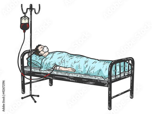 Coronavirus patient. Sick lies with intravenous saline solution.