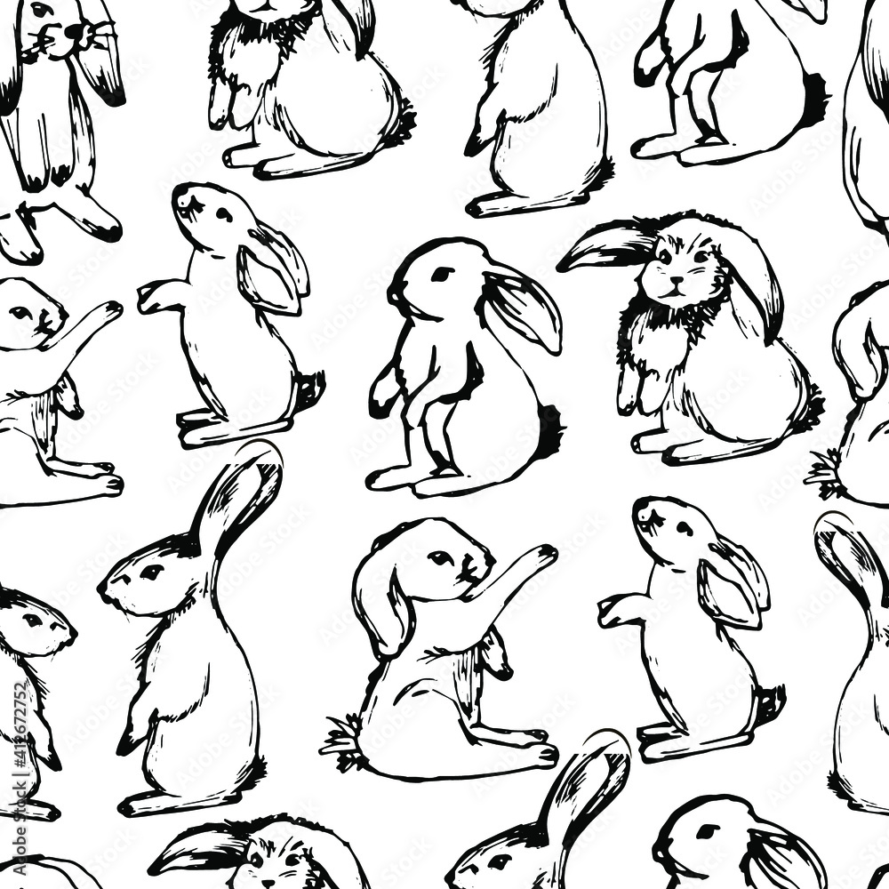 Obraz premium Easter bunny, bunny. A pair of hares in love. Happy easter. Valentine's Day. Coloring book for children and adults. For the design of textiles, wallpaper. Manual graphics. Isolate