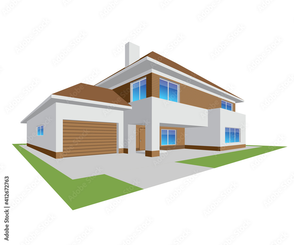 New realistic family cottage. 3D House Icon, isolated on white background.