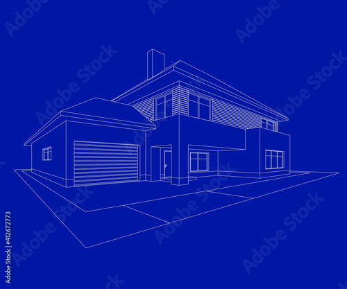 3D House building sketch. Home line Icon on blue