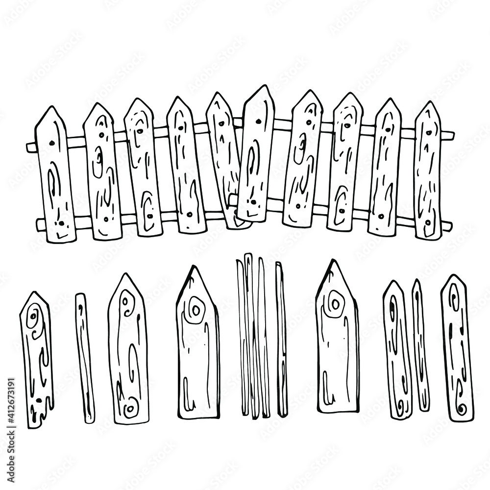 Pattern with a wooden fence, stakes. Hand-made graphics Fences on a farm made of wood. Coloring book for children and adults. For design, wallpaper, banner. Stock graphics, isolate. Pattern with a wooden fence, stakes. Hand-made graphics Fences on a farm made of wood. Coloring book for children and adults. For design, wallpaper, banner. Stock graphics, isolate.