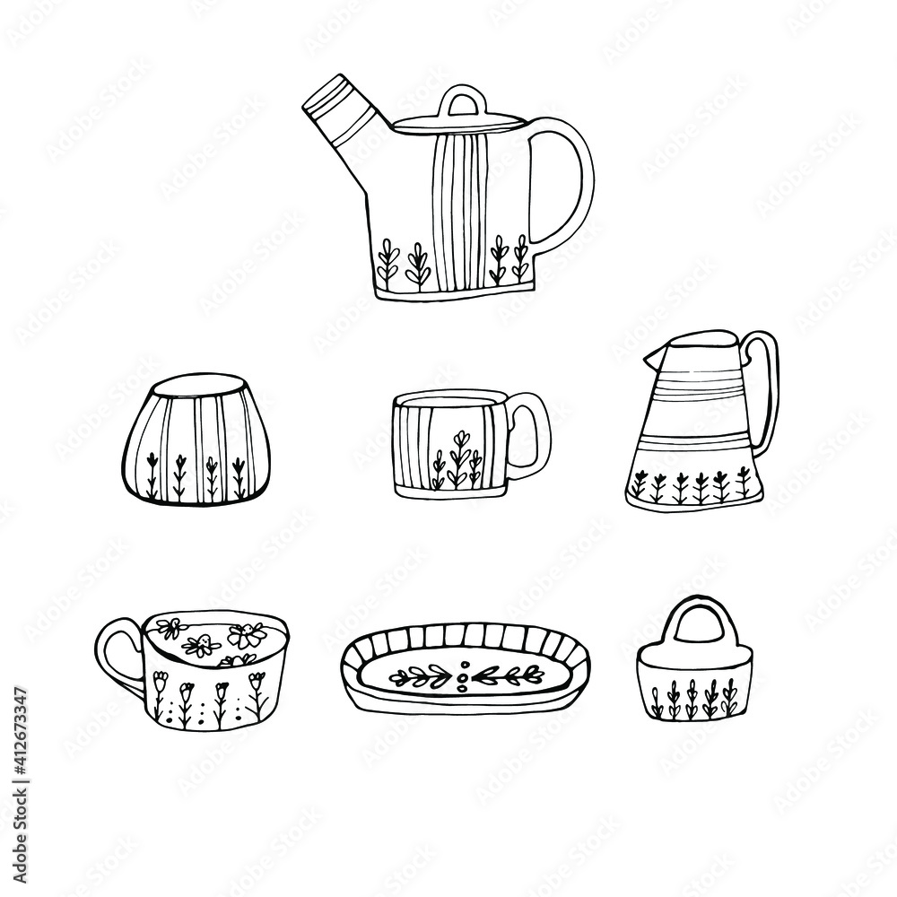 Dishes, cups, dishes with a pattern. For preparing drinks and food