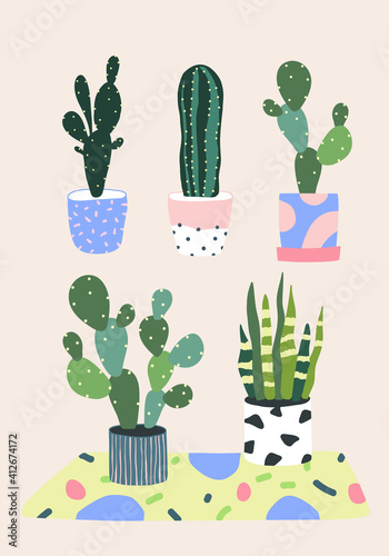 Cactus and succulent in flowerpot. Houseplants isolated. Trendy hugge style, urban jungle decor. Hand drawn. Set collection. Green, blue, pink, white, black colors. Print, poster, banner. Logo, label.