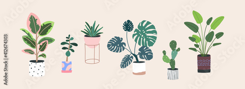 Home plants in flowerpot. Houseplants isolated. Trendy hugge style, urban jungle decor. Hand drawn. Set collection. Green, blue, pink, brown, beige pastel colors. Print, poster, banner. Logo, label. © Oksana Trygub