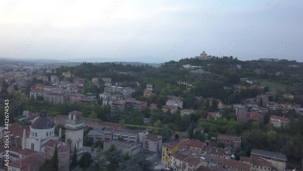 Center of Verona city in the evening from the sky. Aerial view of an ancient Italian city. Center of Verona city in the evening from the sky. Aerial view of an ancient Italian city.