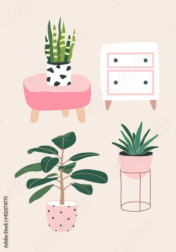 Living room decor. Home plants in flowerpot. Houseplants isolated. Hugge style, vintage urban jungle. Hand drawn. Set collection. Green, pink, brown, beige, black colors. Print, poster, banner. Logo