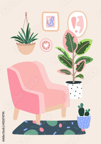 Living room decor. Home plants in flowerpot. Houseplants isolated. Trendy hugge style, vintage urban jungle. Hand drawn. Set collection. Green, pink, brown, beige, blue colors. Print, poster, banner.