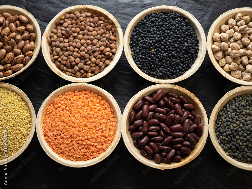 Dried, legume, leguminous plants, structure, assortment chickpea, kidney beans, pink coconut beans, green lenses, beluga lenses, millet, coral lenses, blond lenses, background. Flat lay, top view.