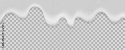 Realistic milk yogurt flows down on a transparent background. White liquid. Soft texture of a dairy product for your graphic design. Ice cream melts. Vector illustration.