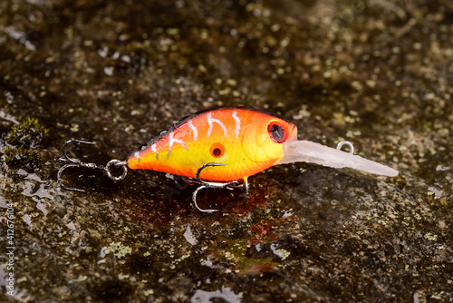 Fishing lure wobbler on a wet stone with moss photo