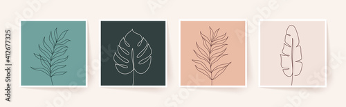 One line drawing of tropical palm leaves. Modern single line art. Vector illustration.