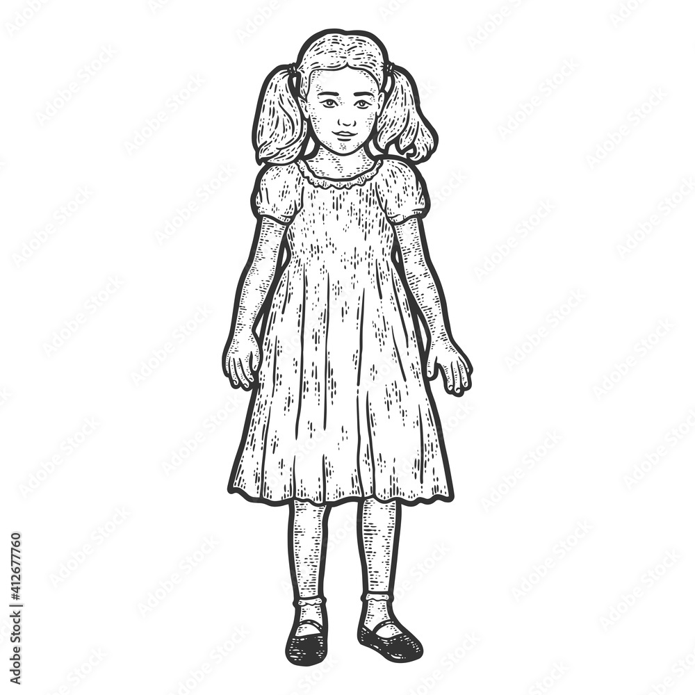 Child, girl in a dress. Sketch scratch board imitation coloring. Engraving vector Child, girl in a dress. Sketch scratch board imitation coloring. Engraving vector