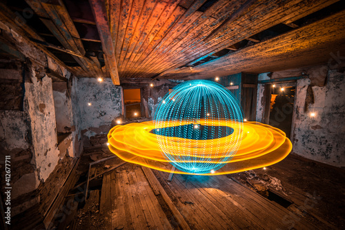 Light painted planet, Saturn, in an abandoned building