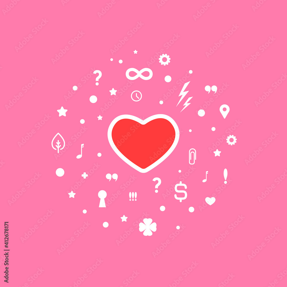 Red heart with different signs and symbols. Relationshis psychology logo isolated on white.