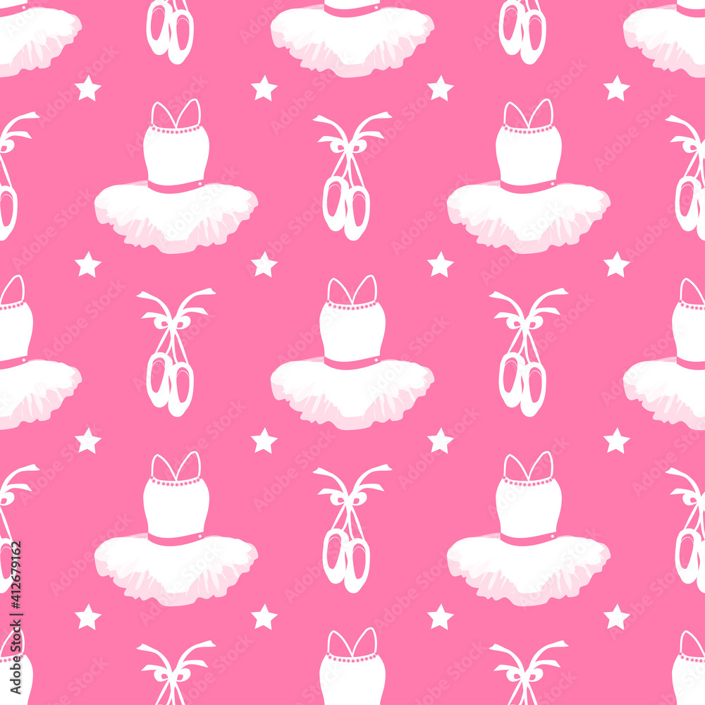 vector seamless pattern with a picture of a tutu, pointe shoes and stars