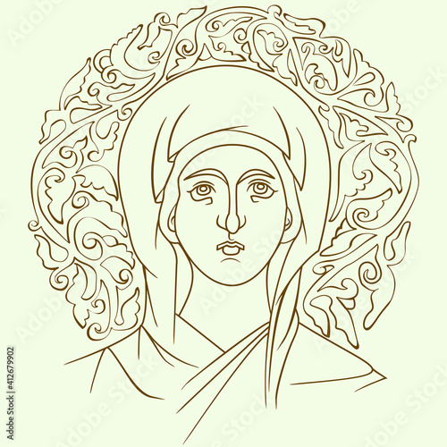 byzantine icon virgin deva divine outline art vector illustration with floral ornament decoration