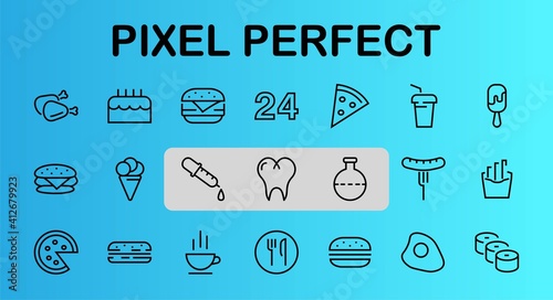 A simple set of fast food icons related to the vector line. Contains icons such as pizza, burger, sushi, bike, scrambled eggs and more. EDITABLE stroke. EPS 10