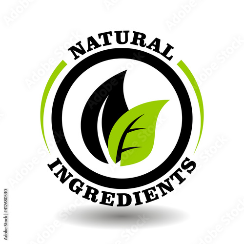 Natural eco ingredients vector stamp with green leaf illustration. Round logo for certification of bio organic cosmetics packaging sign