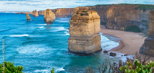 Amazing coastline of the Twelve Apostles, collection of limestone stacks off the shore of Port Campbell National Park, by the Great Ocean Road in Victoria, Australia at dawn