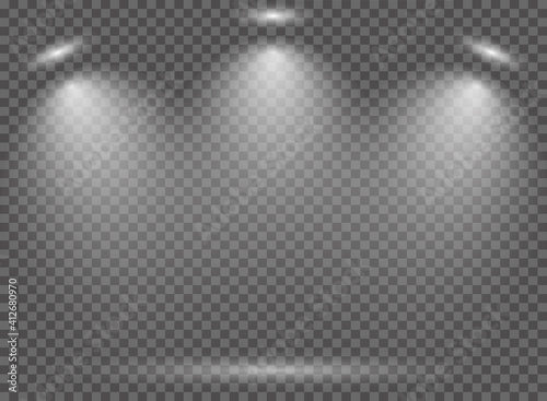 A sat of stage lighting, transparent effects on a checkered dark background. Bright lighting with spotlight.