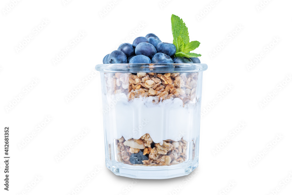 Blueberry Greek yogurt granola parfait in a glass on a white isolated background Blueberry Greek yogurt granola parfait in a glass on a white isolated background