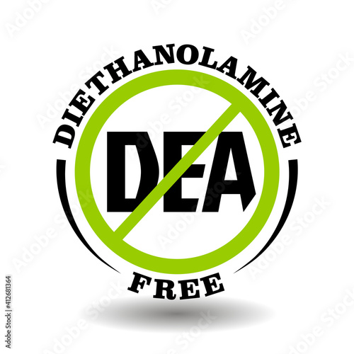 Vector stamp Diethanolamine free,  non DEA, no DEOA additive in cosmetic, food, medical product. Round prohibited icon for packaging symbol photo