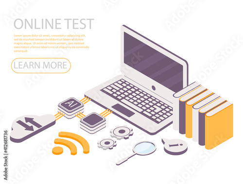 Online test or education concept vector illustration in isometric design. Internet distant training and courses on learning or educational platform. Website template.