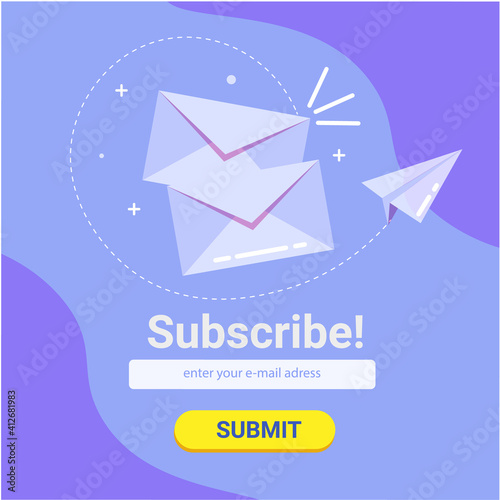 Banner templates for email subscribe. With flying envelopes and mailbox in in purple color