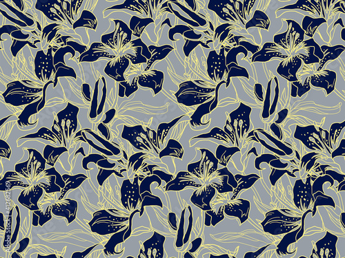 Chaotic wild black Lily flower, buds and leaves botanical seamless pattern drawn by hand on ultimate gray background. Contemporary Home textile, wallpaper, fabric, package.
