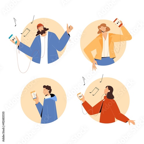 People listening music in earplugs using smartphone. Vector illustration