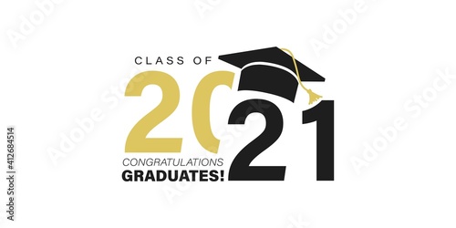 Class of 2021. Congratulations graduates typography design with black and gold colors. Modern template for graduation ceremony, stamp, seal, print, shirt. Congrats graduates stock vector illustration