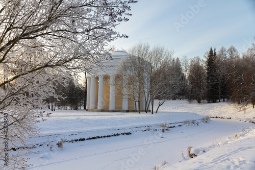 Evening in the winter park. Pavlovsk, the vicinity of St. Petersburg. Russia