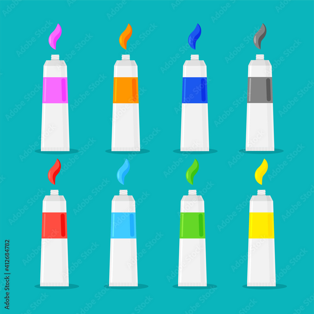 Set of colorful paint tubes with sample strokes. School items. Vector illustration isolated on blue background.
