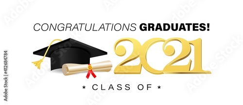 Congratulations graduates banner template with academic cap, golden text and diploma scroll. Class of 2021 concept for invitation, yearbook, card, blog or website. Vector illustration