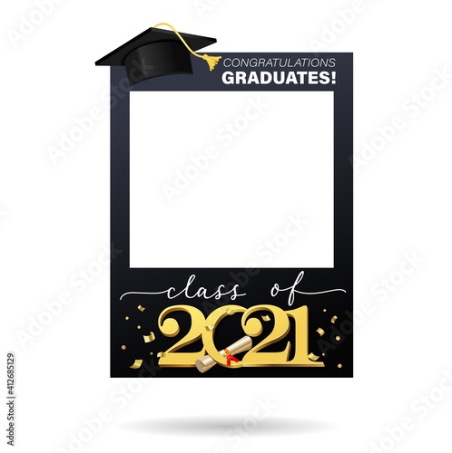 Class of 2021. Graduation party photo booth prop. Photo frame with academic cap, hand lettering and confetti. Congratulations graduates photo frame. Vector illustration. Gold and black grad design.