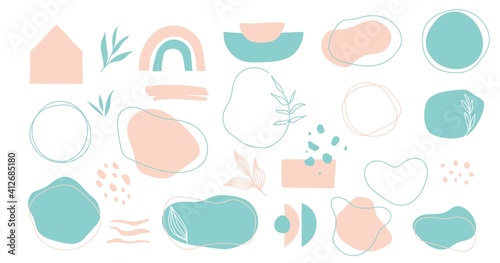Abstract backgrounds, organic shapes, logo and design elements pink and blue spring colors. Collection of hand drawn objects with floral elements in pastel colors. Vector illustration.