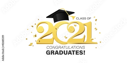 Congratulations graduates banner with cap and golden design elements. Class of 2021. Graduation black and gold logo. Grad concept for high school or college party, photo album etc.Vector illustration.