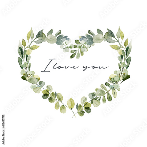 Watercolor floral heart frame of greenery, isolated illustrations on white background, love card design