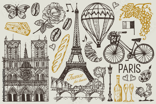 Paris set in vintage retro style. France, eiffel tower and buildings. Retro doodle elements. Vector illustration. Hand drawn engraved retro sketch. Antique old monochrome style.