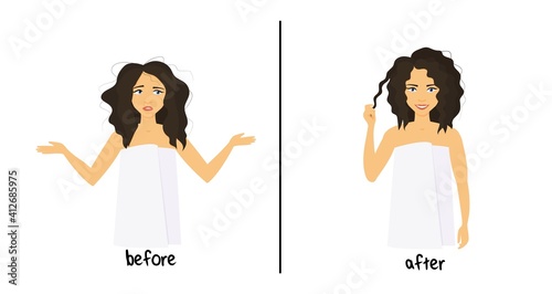 Before and after hair care concept. Young beautiful curly girl before and after hair styling. Shaggy woman and combed hair. Vector in cartoon style.